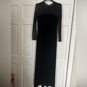 Velvet Maxi Dress, Embellished Vintage Sheer Neckline, Black Size 6